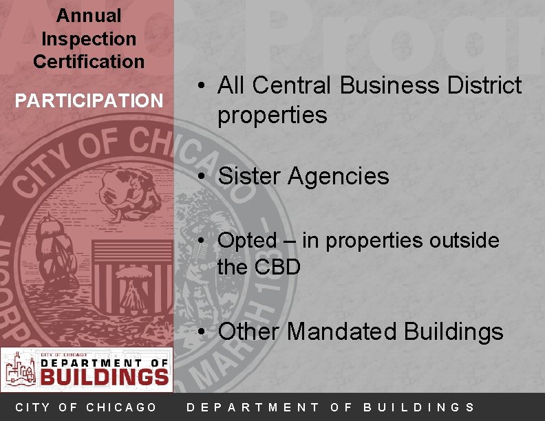 AIC Progr Annual Inspection Certification PARTICIPATION • All Central Business District properties • Sister