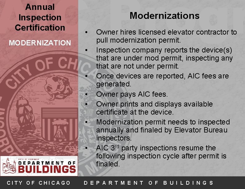AIC Progr Annual Inspection Certification MODERNIZATION Modernizations • • CITY OF CHICAGO Owner hires