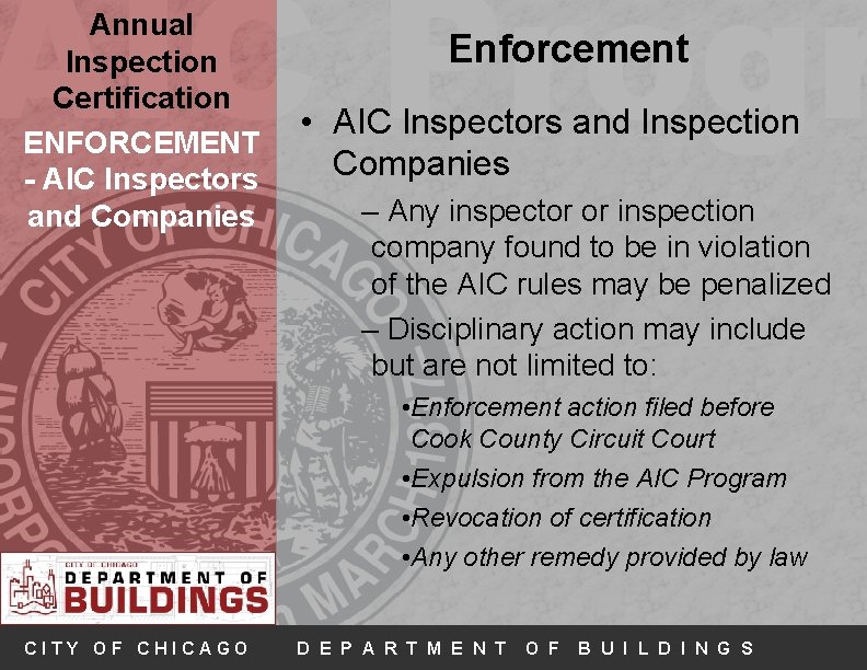 AIC Progr Annual Inspection Certification ENFORCEMENT - AIC Inspectors and Companies Enforcement • AIC