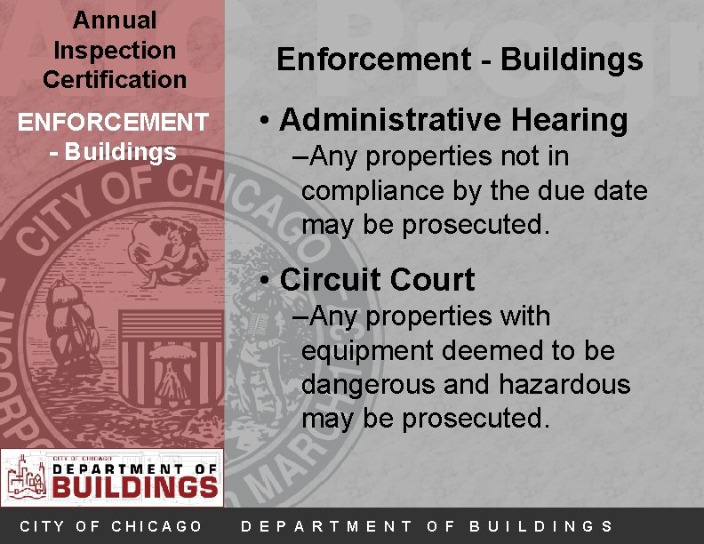 AIC Progr Annual Inspection Certification ENFORCEMENT - Buildings Enforcement - Buildings • Administrative Hearing