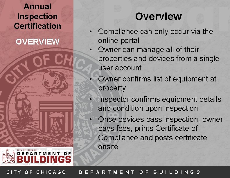 AIC Progr Annual Inspection Certification OVERVIEW CITY OF CHICAGO Overview • Compliance can only