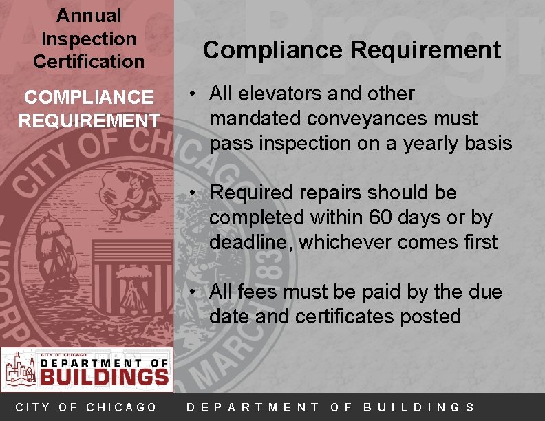 AIC Progr Annual Inspection Certification COMPLIANCE REQUIREMENT Compliance Requirement • All elevators and other