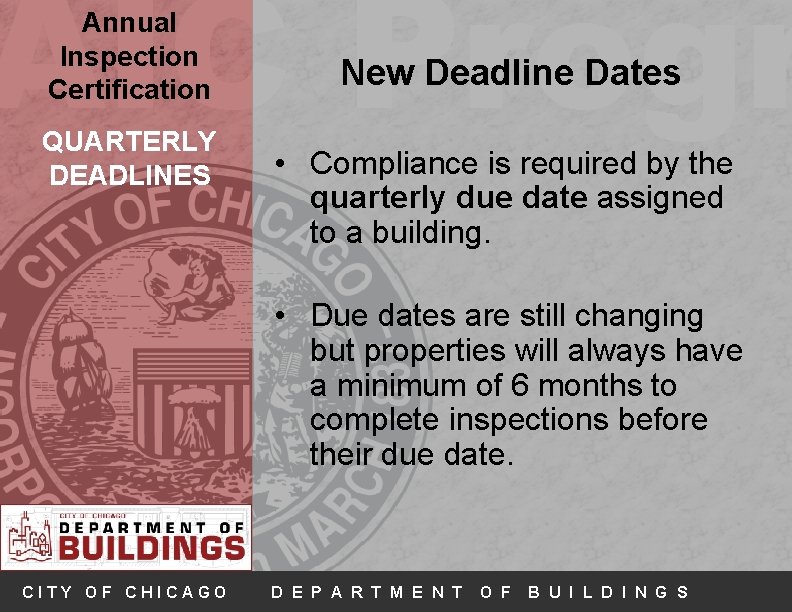 AIC Progr Annual Inspection Certification QUARTERLY DEADLINES New Deadline Dates • Compliance is required
