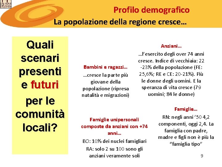 Profilo demografico La popolazione della regione cresce… Quali scenari presenti e futuri per le