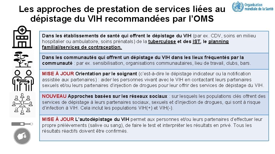 Les approches de prestation de services liées au dépistage du VIH recommandées par l’OMS