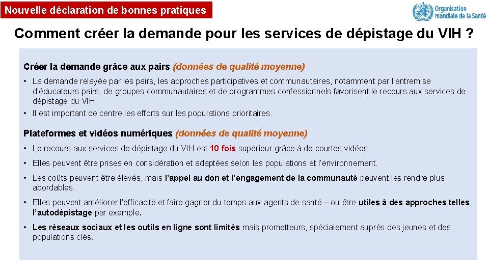 Nouvelle déclaration de bonnes pratiques Comment créer la demande pour les services de dépistage