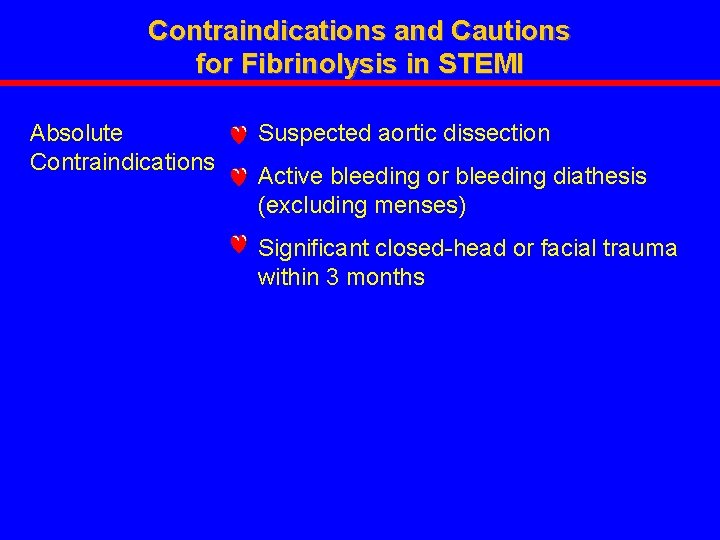 Contraindications and Cautions for Fibrinolysis in STEMI Absolute • Suspected aortic dissection Contraindications •