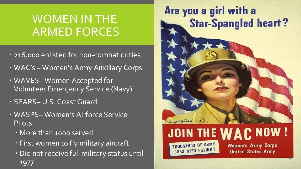 WOMEN IN THE ARMED FORCES 216, 000 enlisted for non-combat duties WAC’s – Women’s