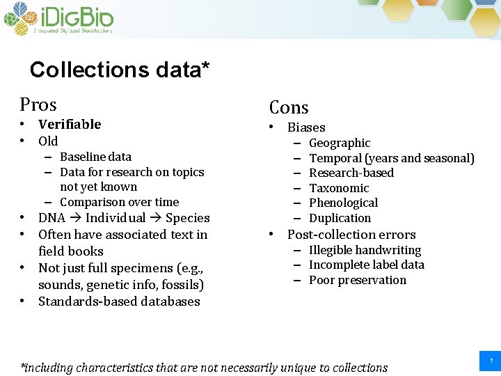 Collections data* Pros • Verifiable • Old – Baseline data – Data for research