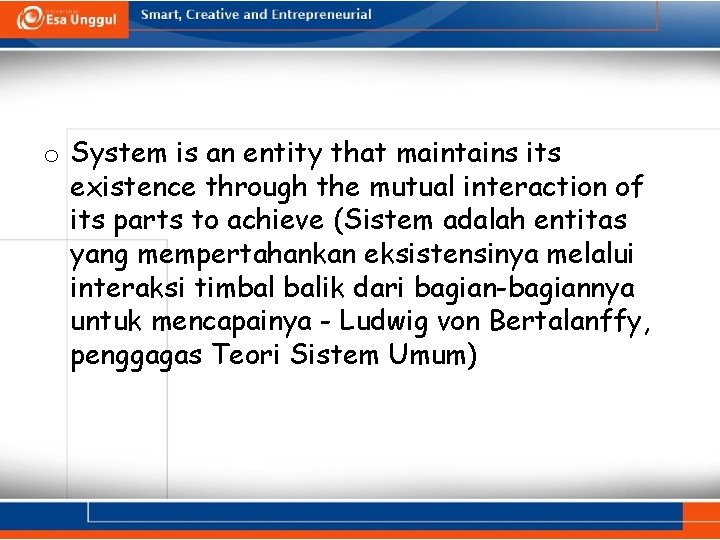 o System is an entity that maintains its existence through the mutual interaction of