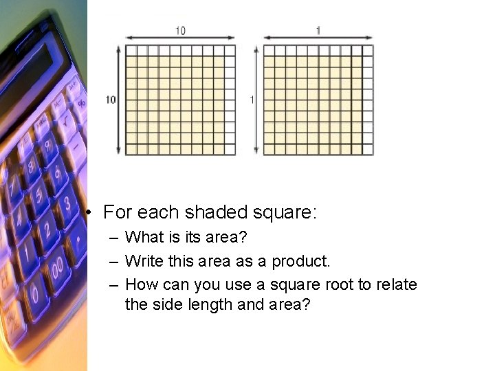  • For each shaded square: – What is its area? – Write this