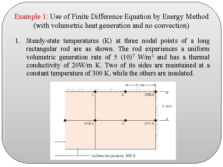 Example 1: Use of Finite Difference Equation by Energy Method (with volumetric heat generation