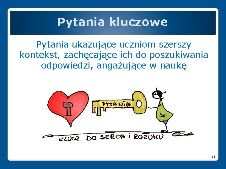 Pytania kluczowe Pytania ukazujące uczniom szerszy kontekst, zachęcające ich do poszukiwania odpowiedzi, angażujące w