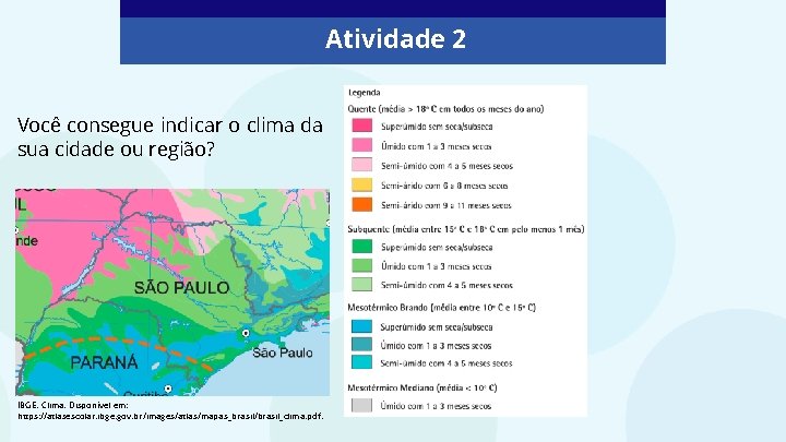 Atividade 2 Você consegue indicar o clima da sua cidade ou região? IBGE. Clima.