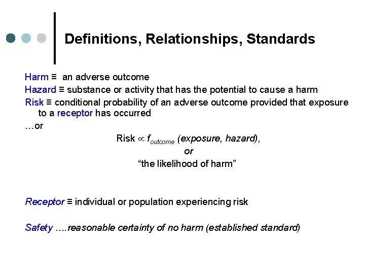 Definitions, Relationships, Standards Harm ≡ an adverse outcome Hazard ≡ substance or activity that