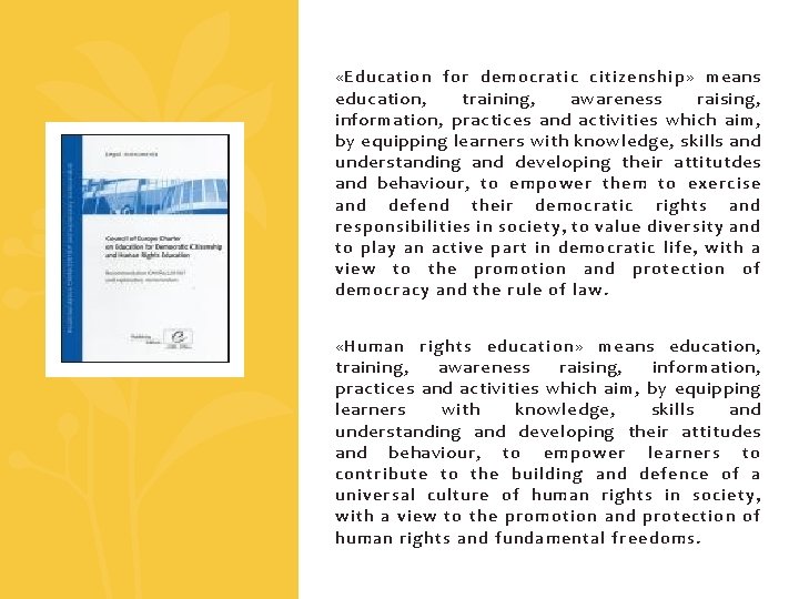  «Education for democratic citizenship» means education, training, awareness raising, information, practices and activities