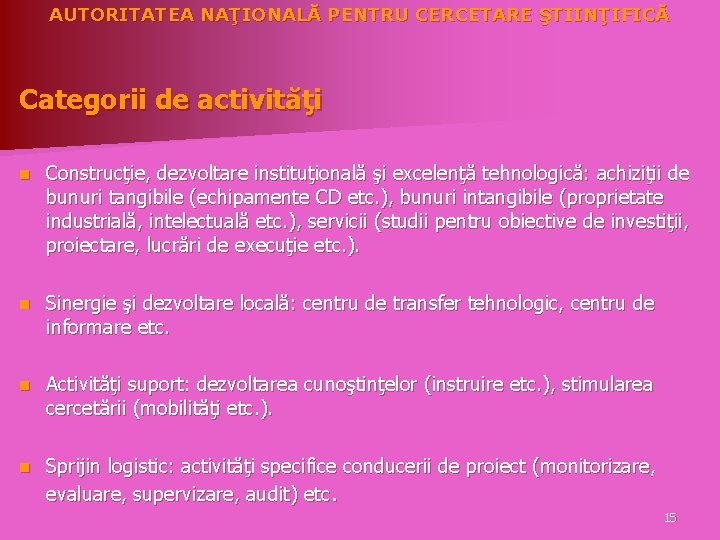 AUTORITATEA NAŢIONALĂ PENTRU CERCETARE ŞTIINŢIFICĂ Categorii de activităţi n Construcţie, dezvoltare instituţională şi excelenţă