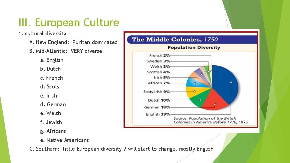 III. European Culture 1. cultural diversity A. New England: Puritan dominated B. Mid-Atlantic: VERY III. European Culture 1. cultural diversity A. New England: Puritan dominated B. Mid-Atlantic: VERY