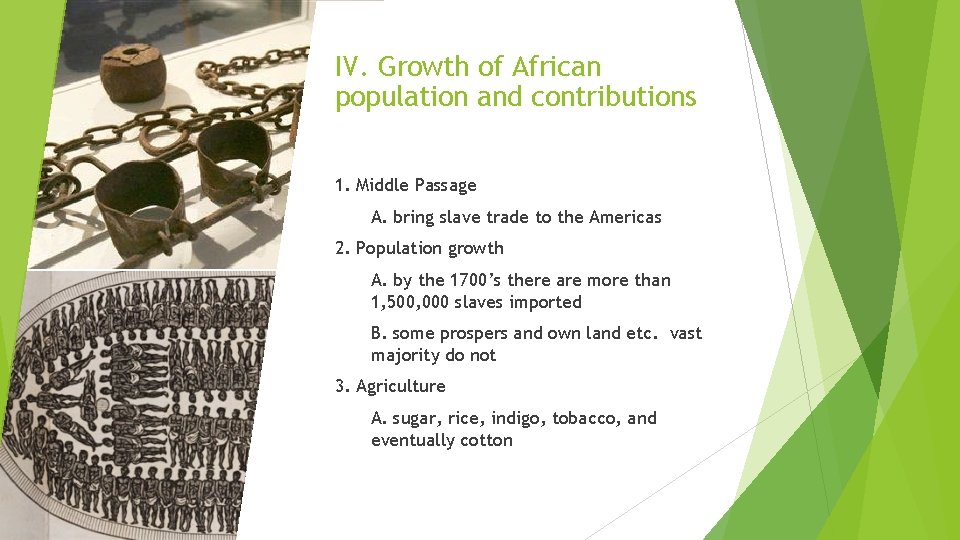 IV. Growth of African population and contributions 1. Middle Passage A. bring slave trade IV. Growth of African population and contributions 1. Middle Passage A. bring slave trade