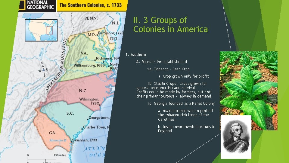II. 3 Groups of Colonies in America 1. Southern A. Reasons for establishment 1 II. 3 Groups of Colonies in America 1. Southern A. Reasons for establishment 1