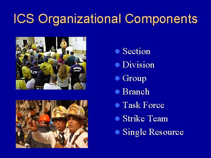 ICS Organizational Components l Section l Division l Group l Branch l Task Force