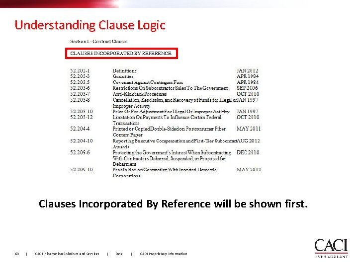 Understanding Clause Logic Clauses Incorporated By Reference will be shown first. 60 | CACI