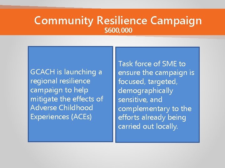 Community Resilience Campaign $600, 000 GCACH is launching a regional resilience campaign to help