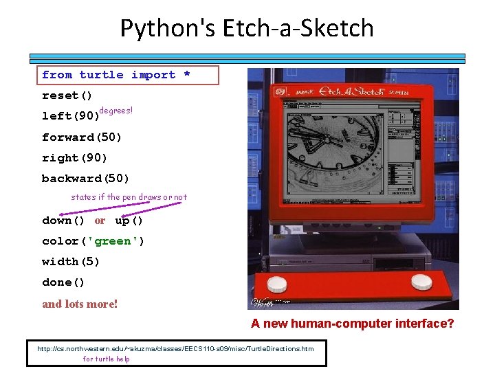 Python's Etch-a-Sketch from turtle import * reset() degrees! left(90) forward(50) right(90) backward(50) states if