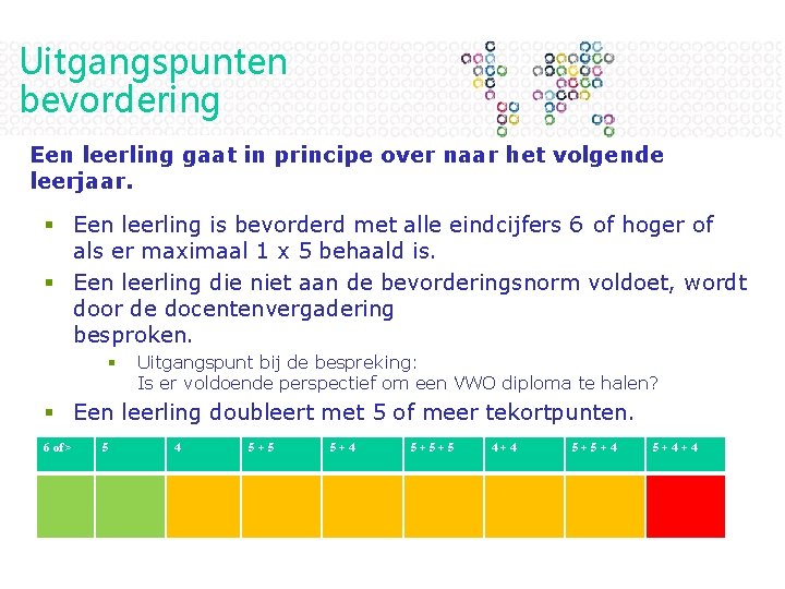 Uitgangspunten bevordering Een leerling gaat in principe over naar het volgende leerjaar. § Een