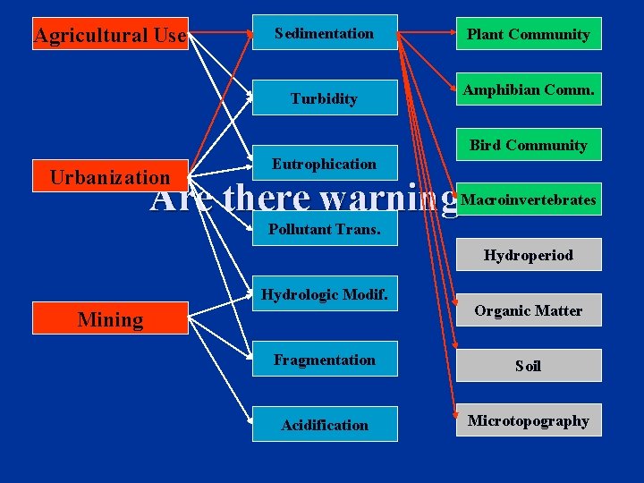 Agricultural Use Sedimentation Turbidity Plant Community Amphibian Comm. Bird Community Urbanization Eutrophication Macroinvertebrates Are