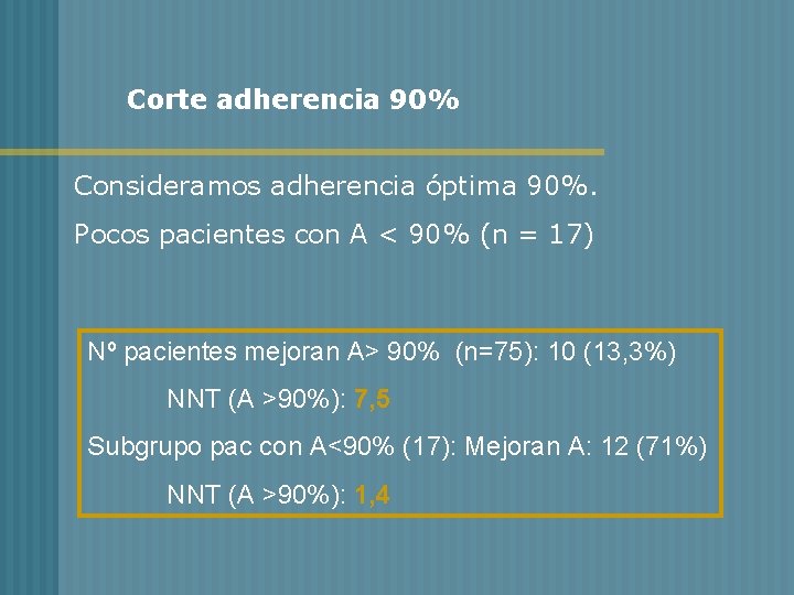 Corte adherencia 90% Consideramos adherencia óptima 90%. Pocos pacientes con A < 90% (n