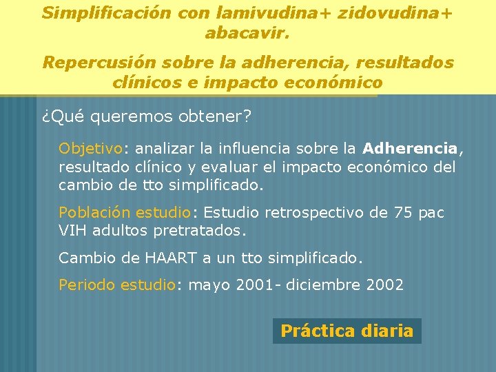 Simplificación con lamivudina+ zidovudina+ abacavir. Repercusión sobre la adherencia, resultados clínicos e impacto económico