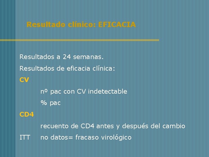 Resultado clínico: EFICACIA Resultados a 24 semanas. Resultados de eficacia clínica: CV nº pac