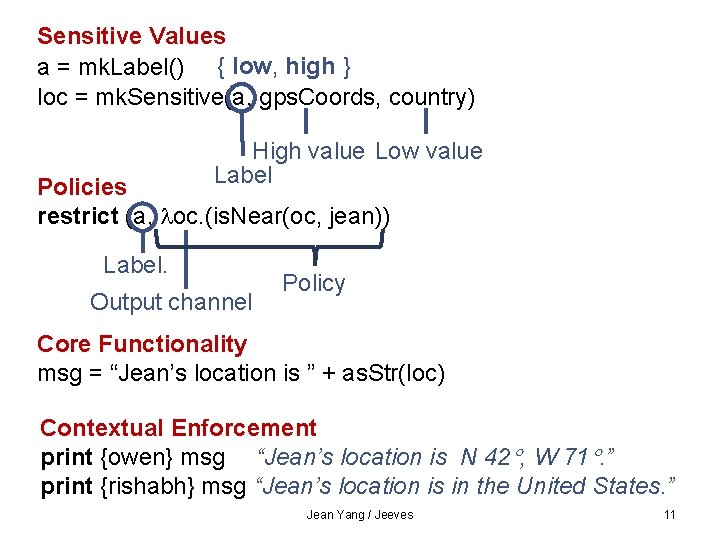 Sensitive Values a = mk. Label() { low, high } loc = mk. Sensitive(a,