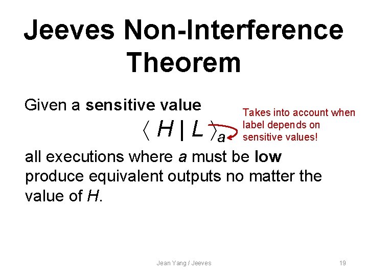 Jeeves Non-Interference Theorem Given a sensitive value H | L a Takes into account