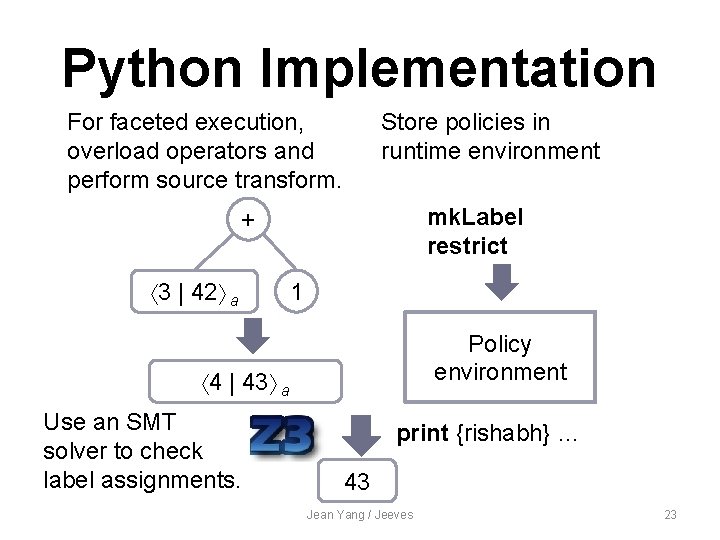 Python Implementation For faceted execution, overload operators and perform source transform. Store policies in