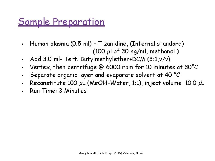 Sample Preparation § § § Human plasma (0. 5 ml) + Tizanidine, (Internal standard)