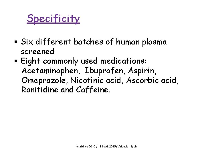 Specificity § Six different batches of human plasma screened § Eight commonly used medications: