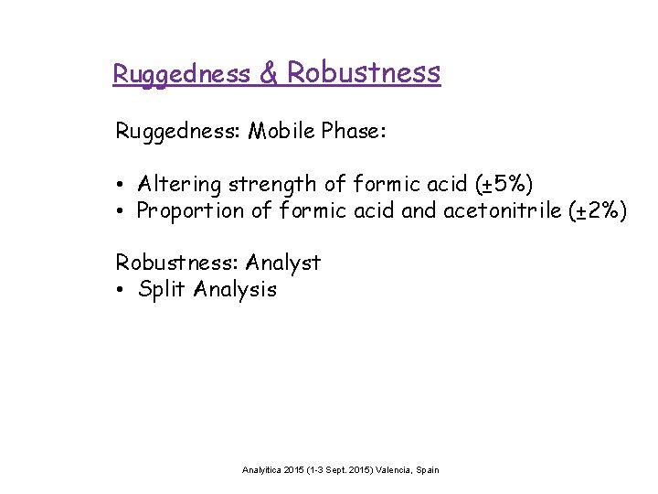 Ruggedness & Robustness Ruggedness: Mobile Phase: • Altering strength of formic acid (± 5%)
