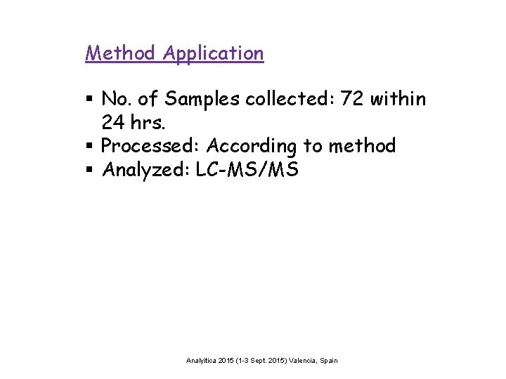 Method Application § No. of Samples collected: 72 within 24 hrs. § Processed: According