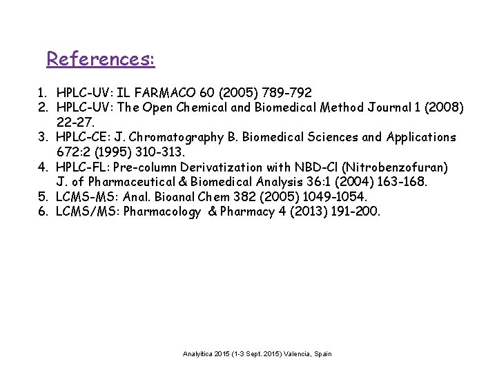 References: 1. HPLC-UV: IL FARMACO 60 (2005) 789 -792 2. HPLC-UV: The Open Chemical