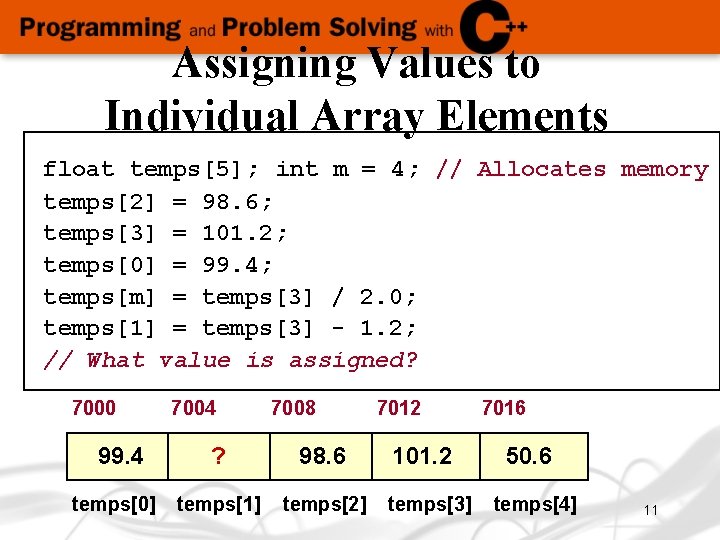 Assigning Values to Individual Array Elements float temps[5]; int m = 4; // Allocates