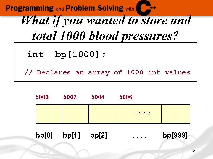 What if you wanted to store and total 1000 blood pressures? int bp[1000]; //