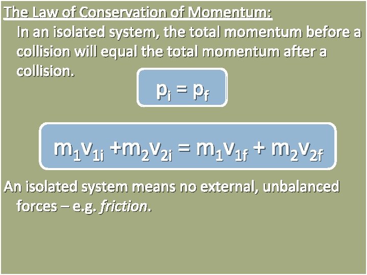 The Law of Conservation of Momentum: In an isolated system, the total momentum before