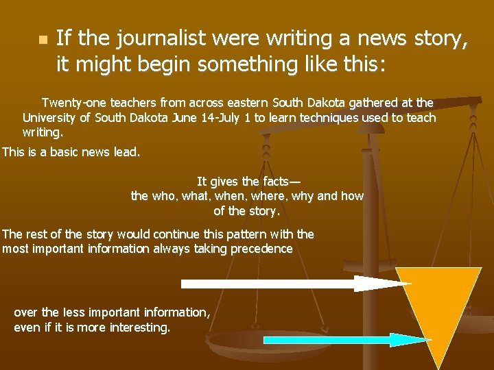 n If the journalist were writing a news story, it might begin something like