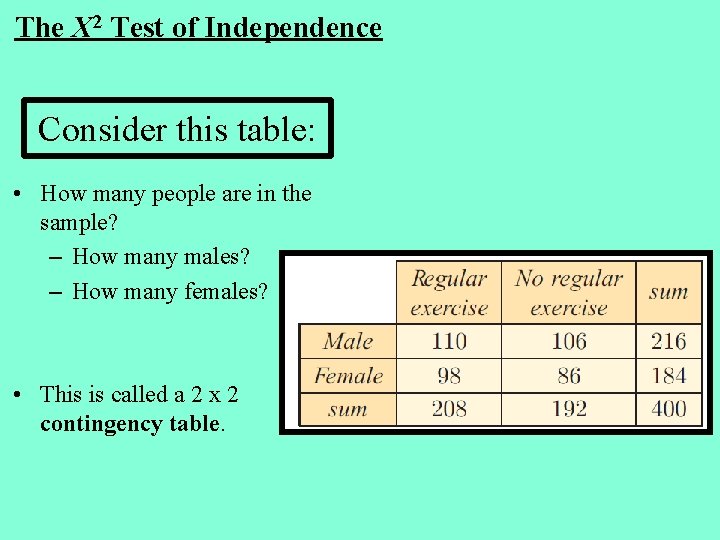 The Χ 2 Test of Independence Consider this table: • How many people are