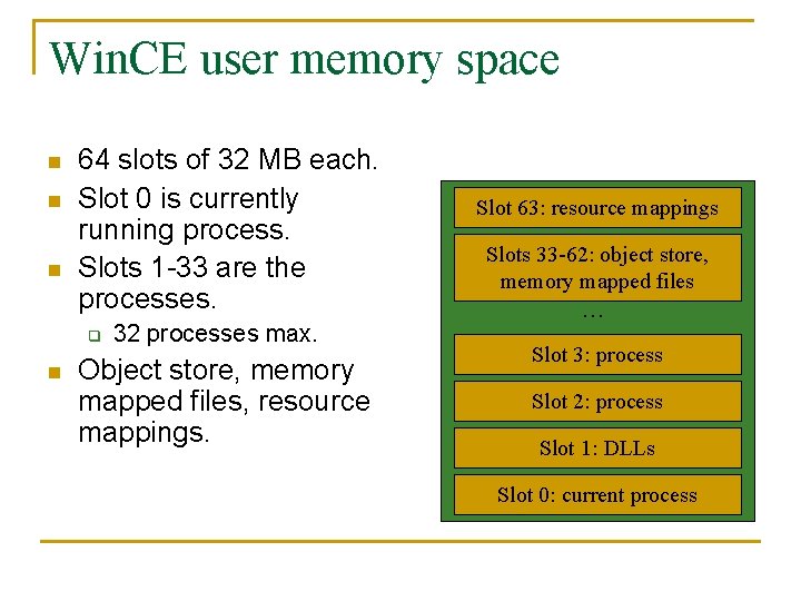 Win. CE user memory space n n n 64 slots of 32 MB each.