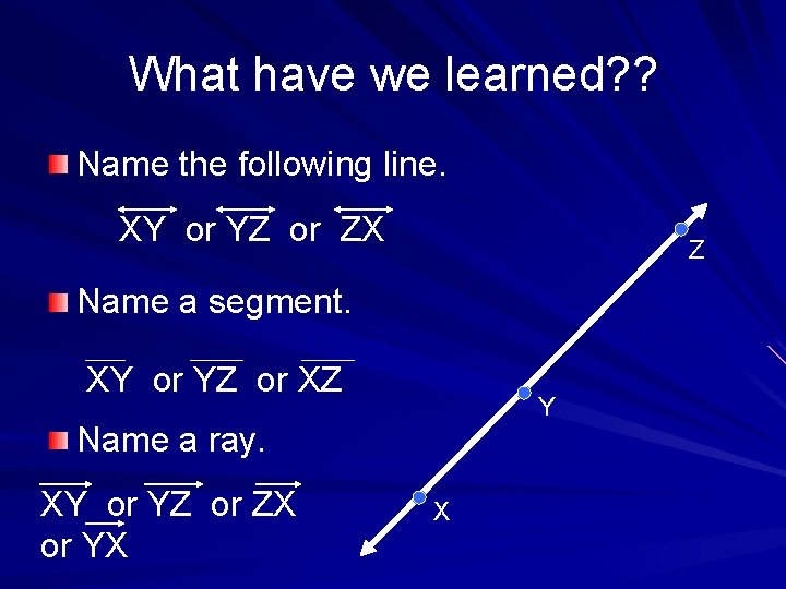 What have we learned? ? Name the following line. XY or YZ or ZX