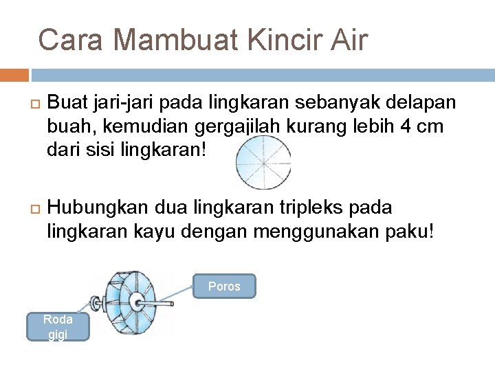 Cara Mambuat Kincir Air Buat jari-jari pada lingkaran sebanyak delapan buah, kemudian gergajilah kurang