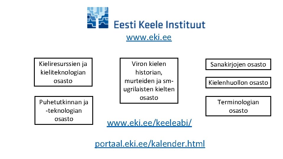 www. eki. ee Kieliresurssien ja kieliteknologian osasto Puhetutkinnan ja -teknologian osasto Viron kielen historian,